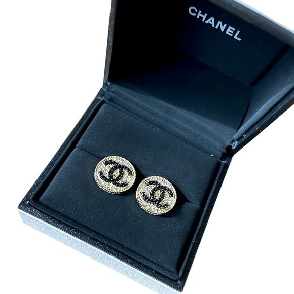 Genuine 18k Gold Plated Crystal Encrusted Earrings Chanel Black CC Logo Luxury - Picture 2 of 3